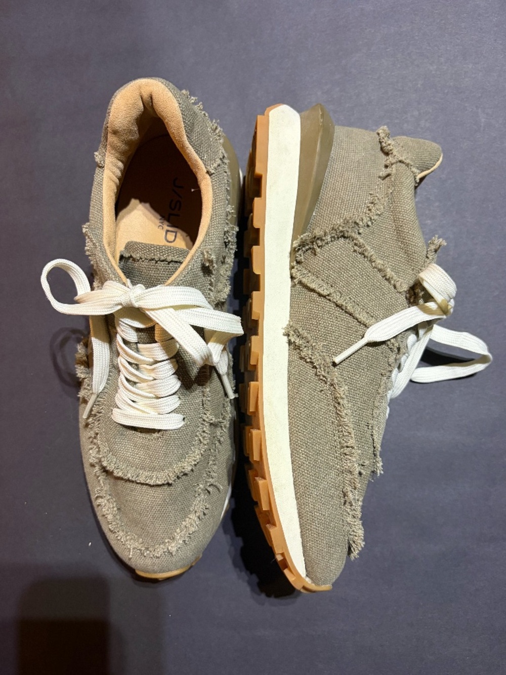 Women's J/SLIDES NYC Frayed Canvas Sneaker in olive green (Size 8)